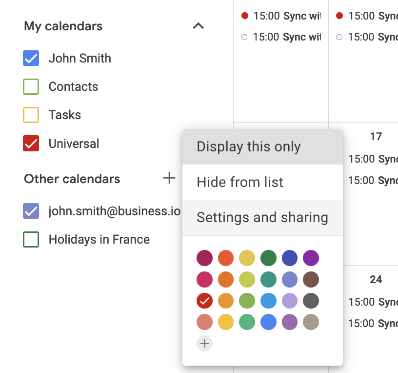 Google calendar settings pop-up