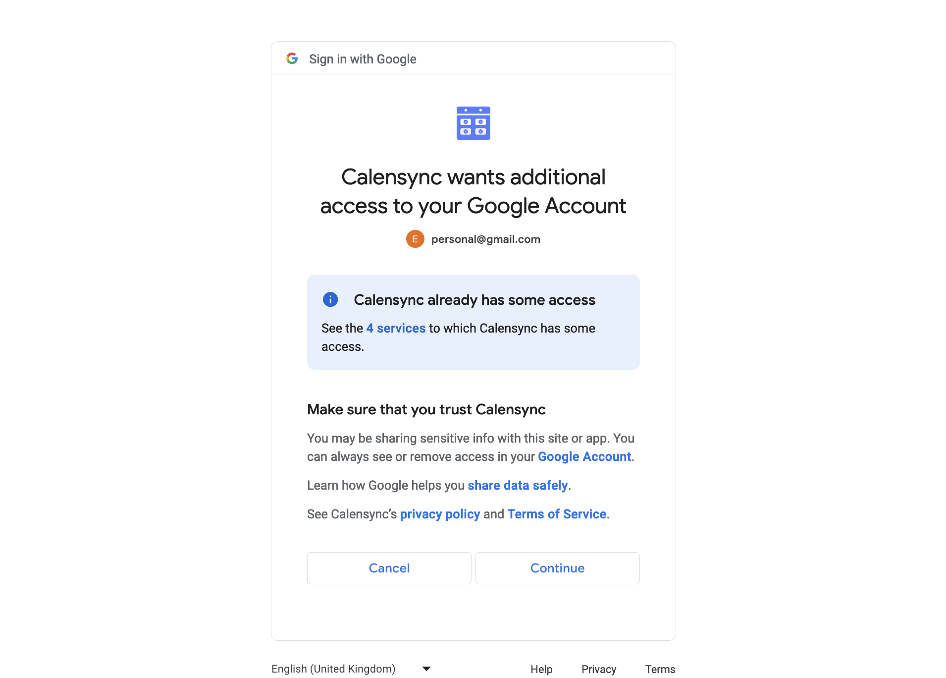 Google permissions screen